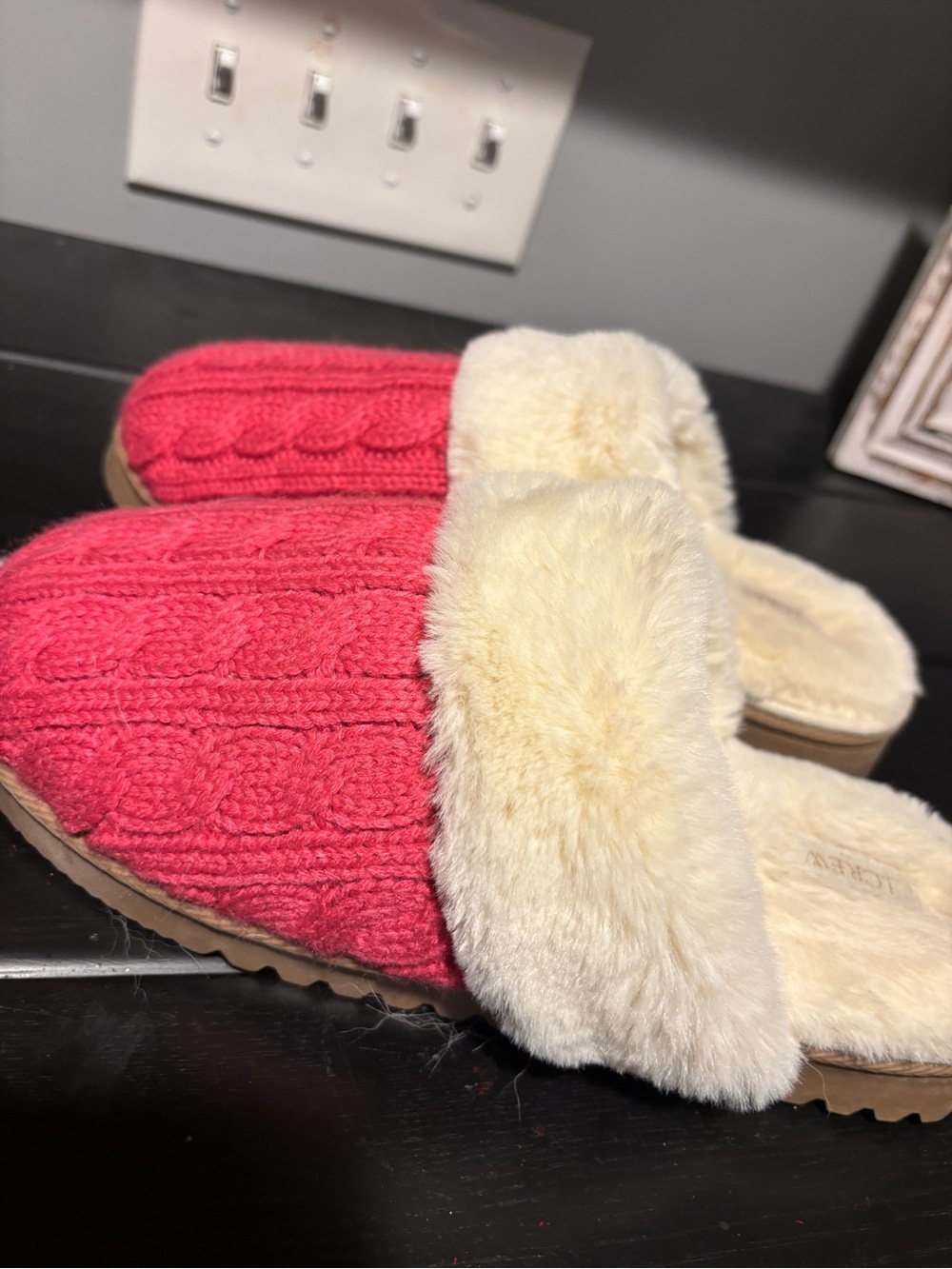 J. Crew Pink Cable-Knit Faux-Fur Lined Slip-On Slippers